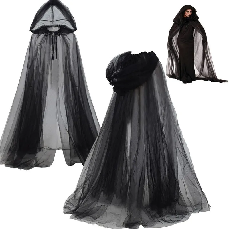 

Halloween Cosplay Ghost Hooded Cape Death Witch Net Gauze Long Cape Ghost Bride Mesh Hooded Cloak Carnival Party Fancy Dress