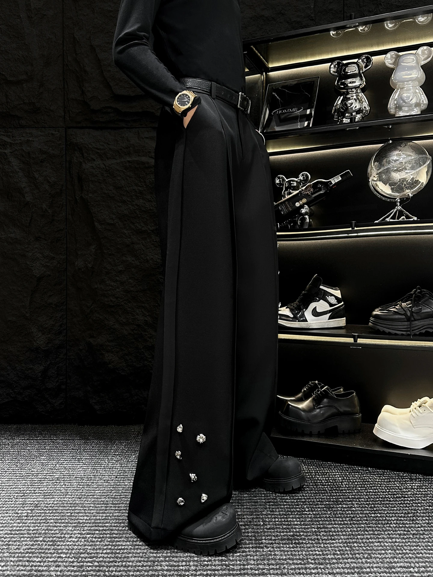 

Мужские широкие брюки HOMME с металлическим декором и плиссировкой, повседневные, свободного кроя, весенние, молодежные, из полиэфирного волокна