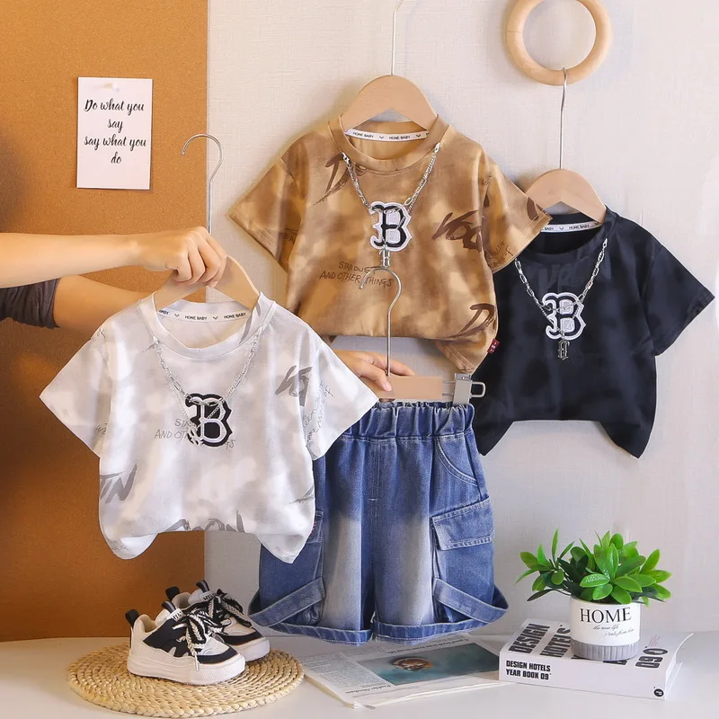 

2pcs New Kids Short Sleeve Set Summer Clothes Baby Boys Outfits 2026 Cool Children's Clothing T-shirt+Handsome Denim Shorts 1-5Y