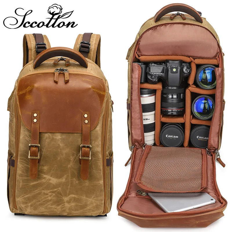 Sccotton Waterproof Canvas Camera Backpack Ipx5 Shockproof Digital Dslr Bag Outdoor Travel Photography Rucksack