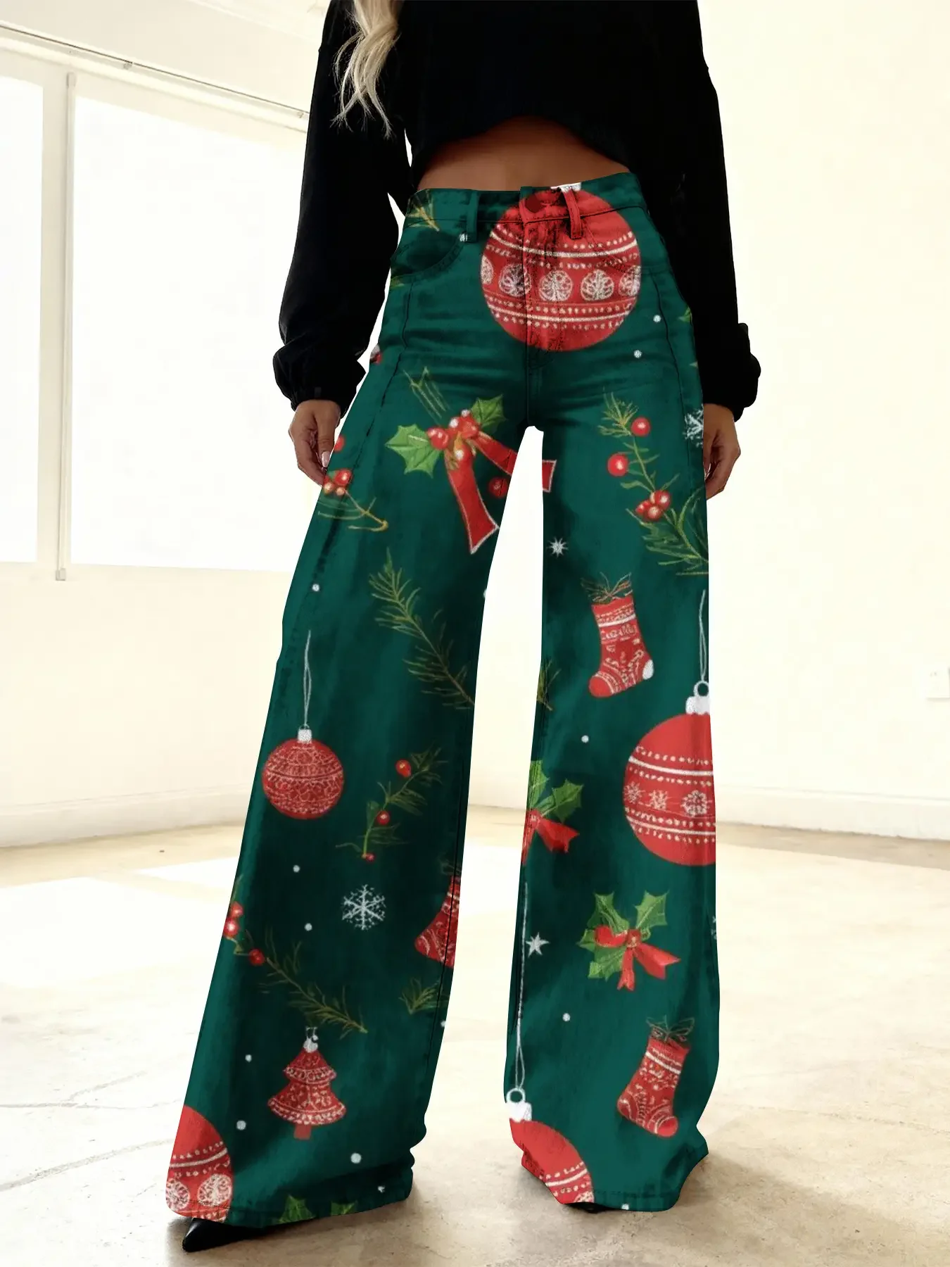 Christmas ladies' new printed retro jeans, imitation denim fabric, Youth and casual wear, suitable for teenagers