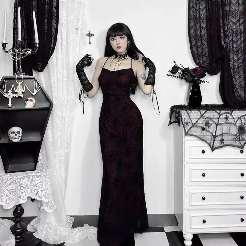 

Gothic Subculture Alt Women Dark Red Cowl Neck Spider Web Flocking Backless Spaghetti Strap Sexy Slim Fit Bodycon Maxi Dress
