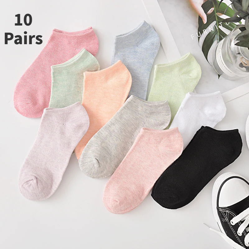 

10 Pairs Lot Summer Women's Low Profile Solid Color Cotton Boat Socks Comfortable and Breathable Short Socks