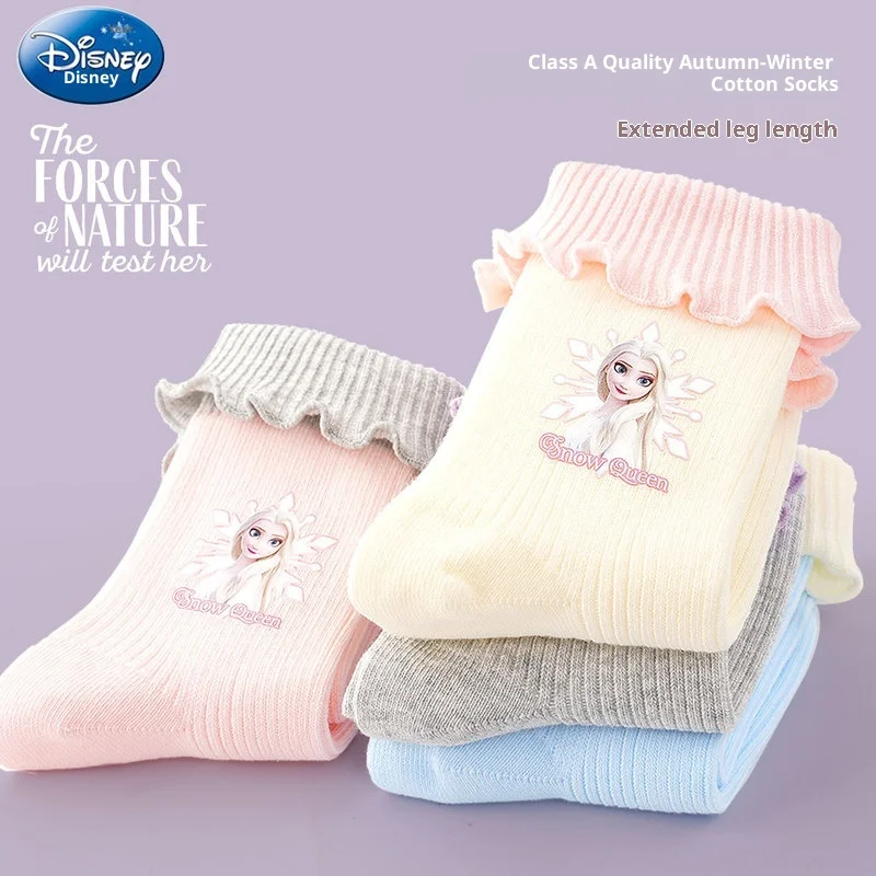 

Носки для девочек Disney, осенне-зимние кружевные короткие носки, детские милые теплые хлопковые носки принцессы Эльзы с героями мультфильмов