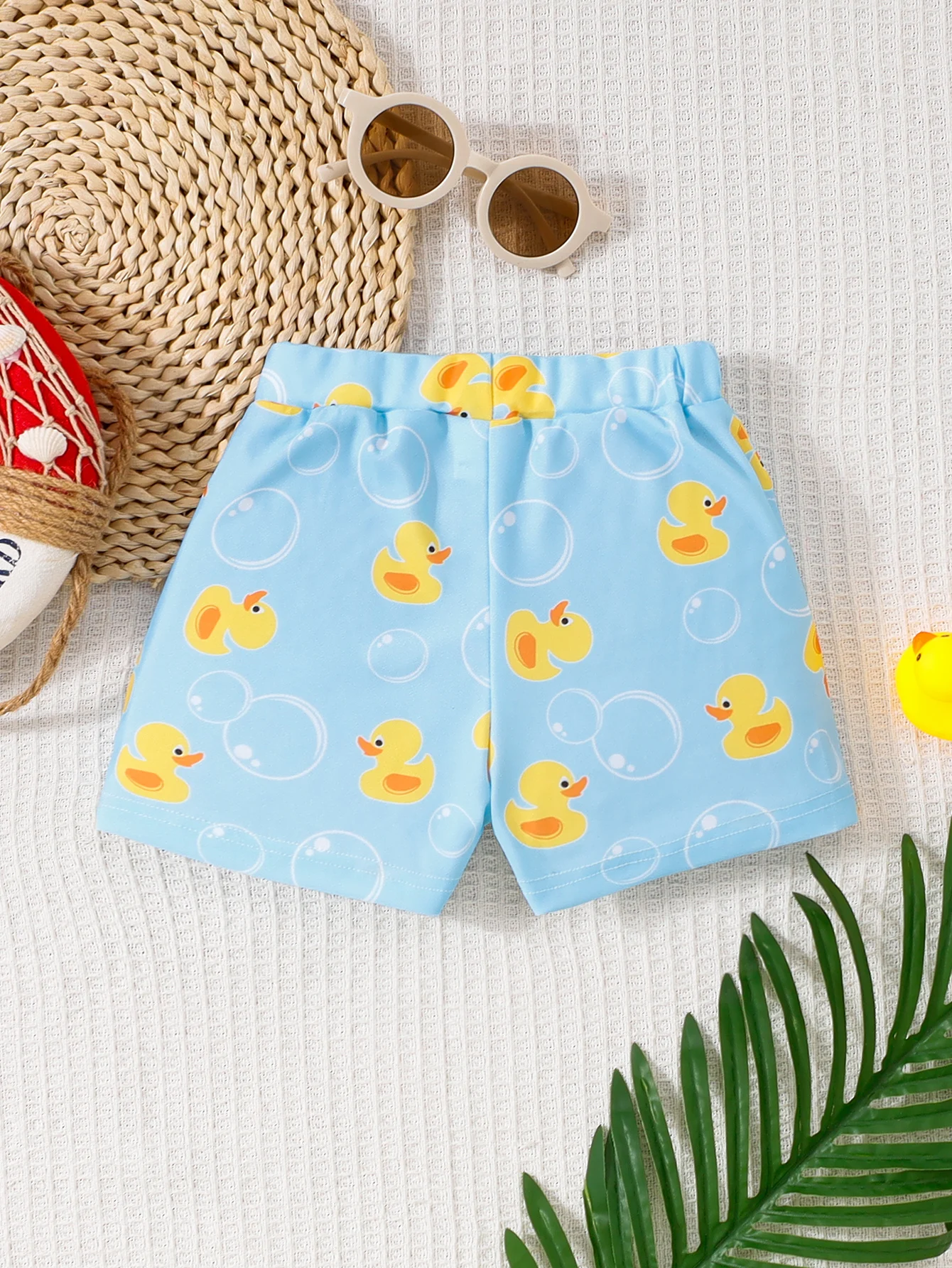 1pc Boys Light Blue Duck Print Swim Trunks, Drawstring Beach Shorts, Summer Pool Outfit 1-5Y
