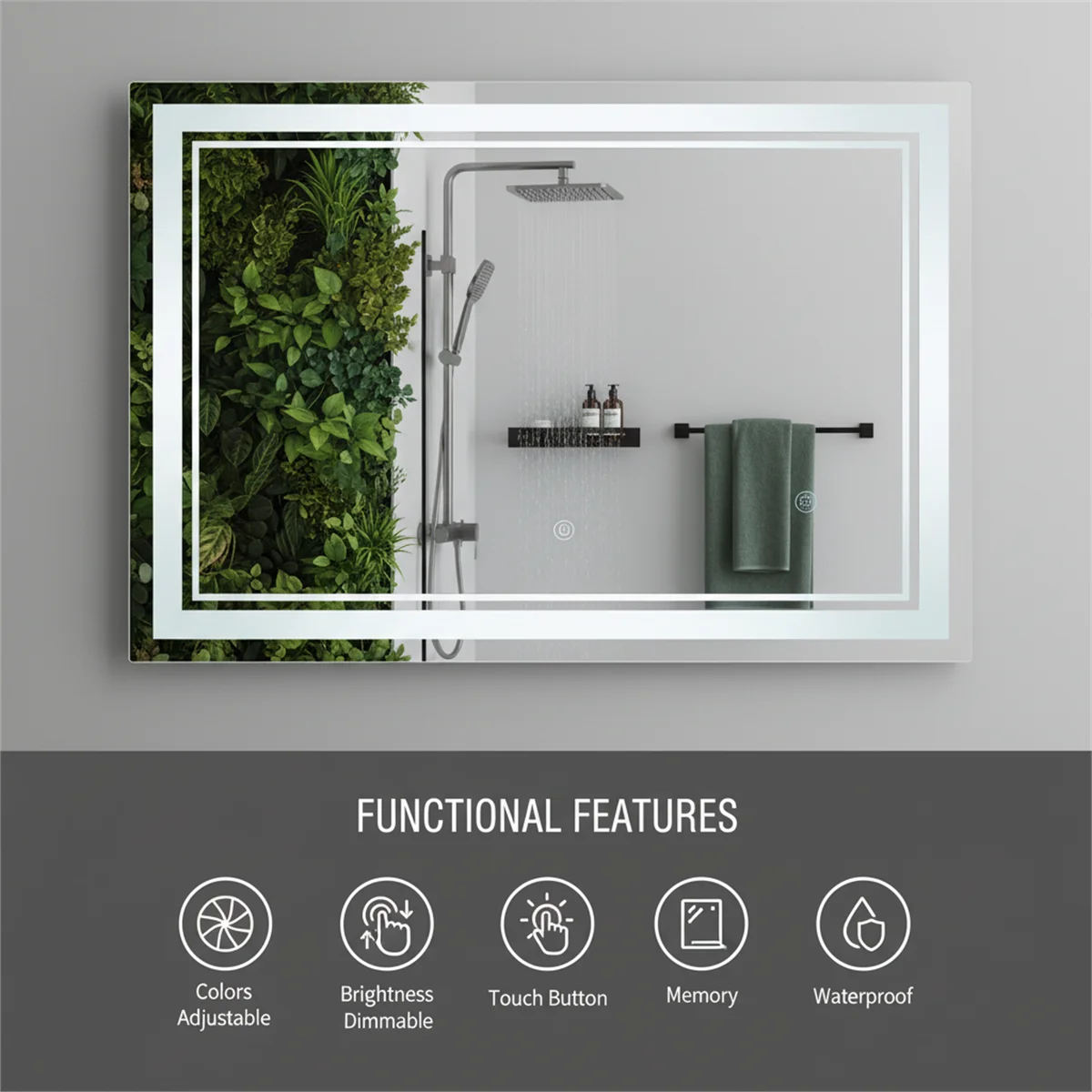 Miroir intelligent mural LED pour salle de bain, miroir à intensité variable avec 3 couleurs de lumière, interrupteur tactile pour usage horizontal et vertical