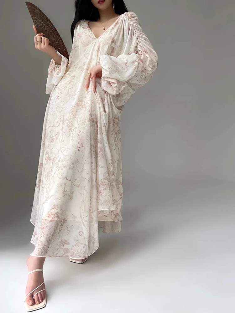 Loose Printing V Neck Batwing Sleeve Minimalist Elegant Dress Dresses For Women 2024 Luxury Brand High Quality