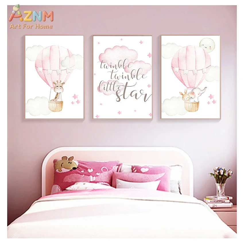 AZNM Watercolor Pink Hot Air Balloon Animals Nursery Canvas Wall Art Print Decor