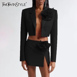 TWOTWINSTYLE Solid Spliced Appliques Two Piece Sets For Women Lapel Long Sleeve Coat High Waist Skirt Slim Set Female Fashion