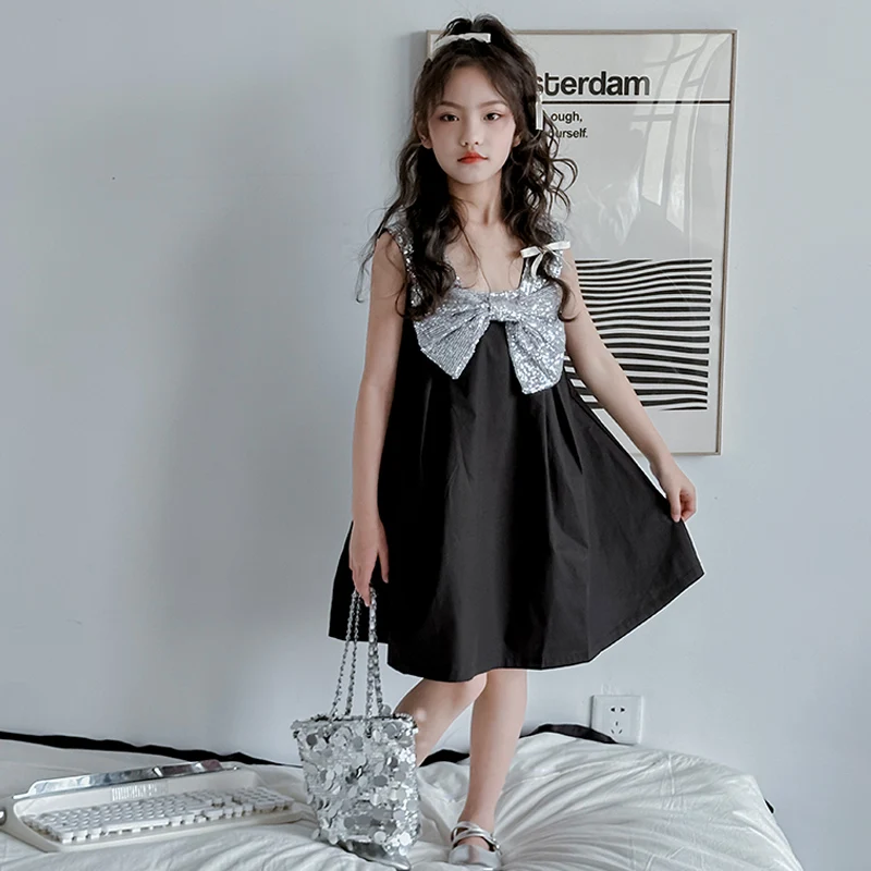 

2024 new summer fashion girls' bow dress with suspenders A-line skirt for girls' casual summer dress and foreign style party.