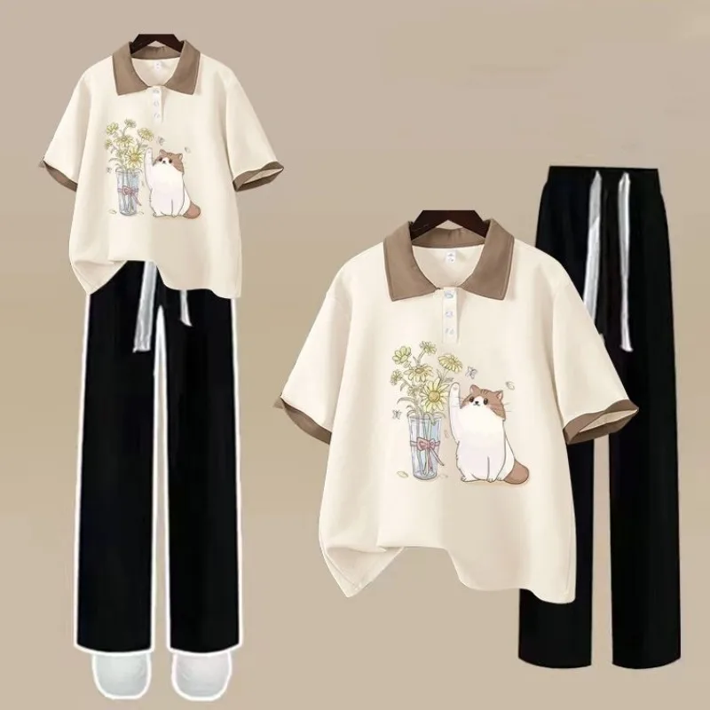 

2025 Summer Women Cute Animal Cotton Polo T Shirts Wide Leg Pants Two Piece Set Lady Casual Loose Green Tops Trousers Outfits