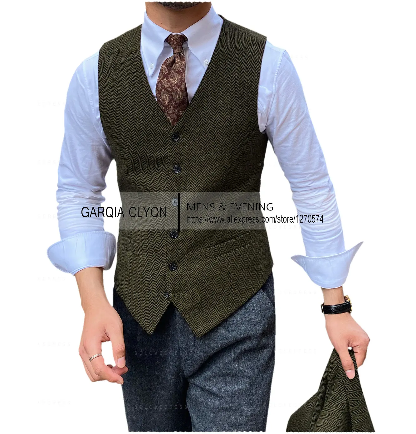 Коричневый мужской жилет, приталенный жилет с рисунком «елочка», винтажный жилет с v-образным вырезом, костюм, жилет для свадьбы, жениха, однобортный