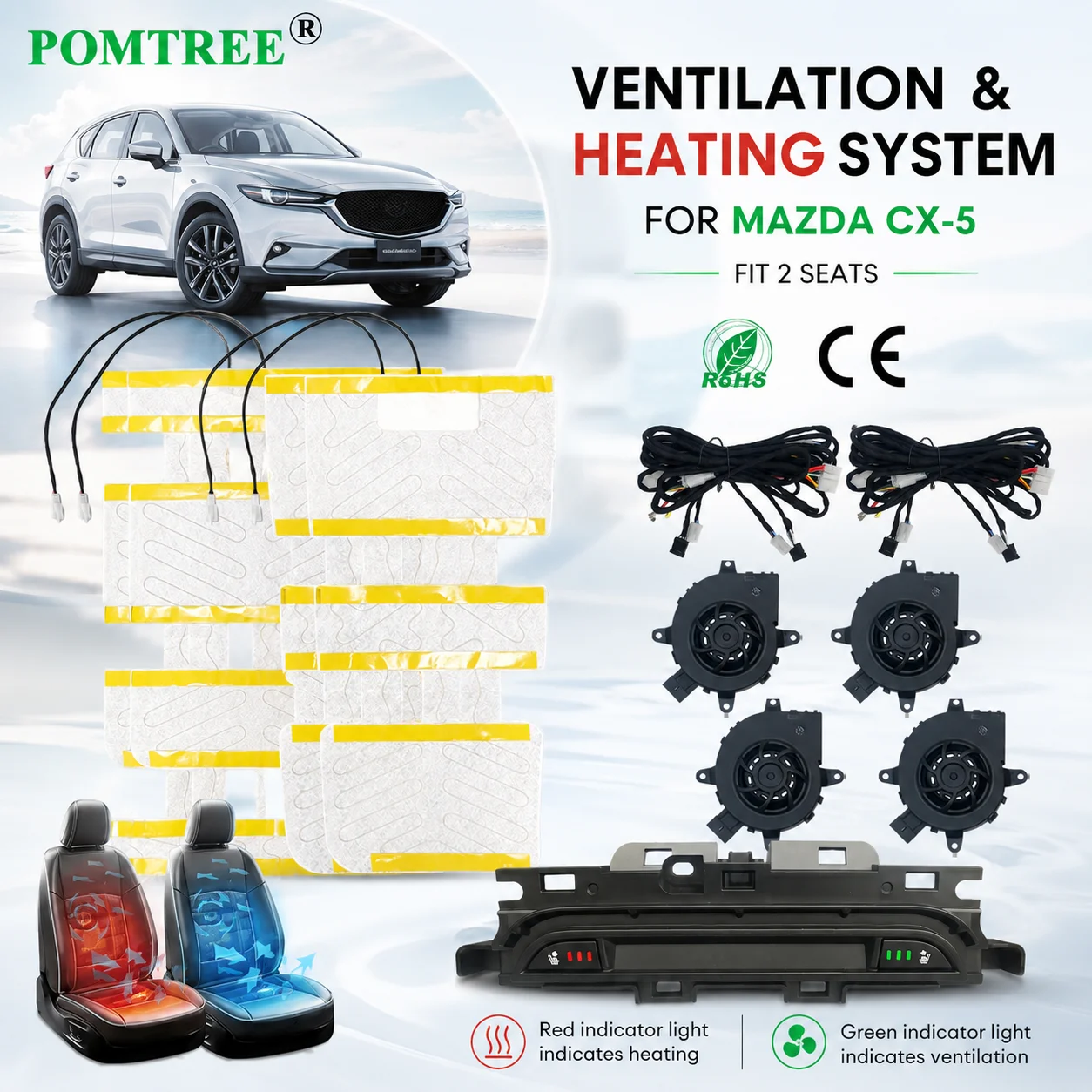 

Car Seat Ventilation And Heating Kit Fit 2 Seats, Including Dedicated Switch & Heating Pads & Fans Suitable For Mazda CX-5 24-25