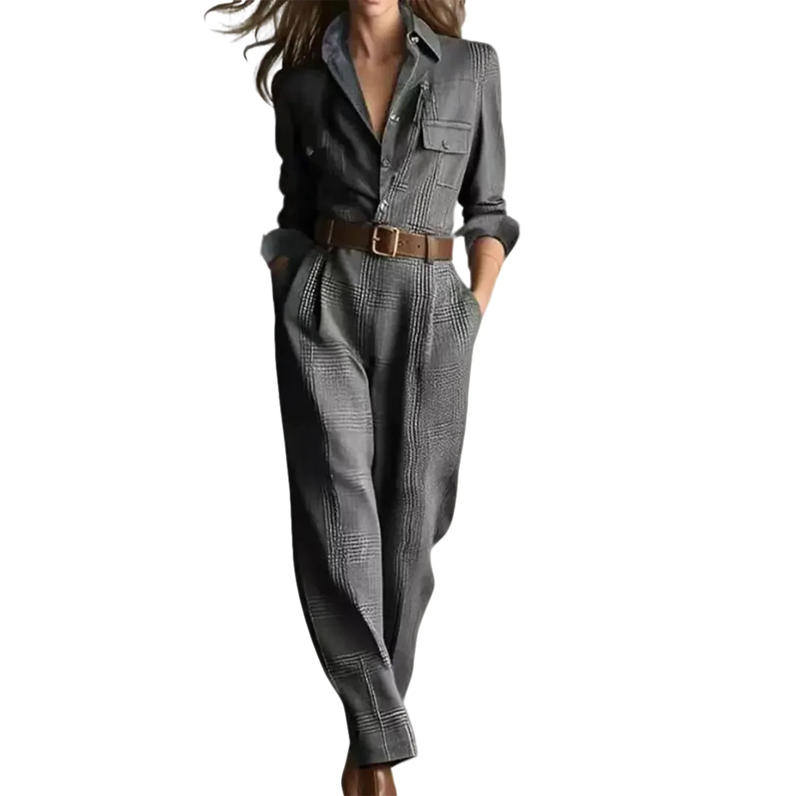 

Jumpsuits Womens Jumpsuit Gray Plaid Jumpsuits Shirt-Style Belted Wide-Leg Casual Work 2026 Trendy Jumpsuits Ensemble Vestido