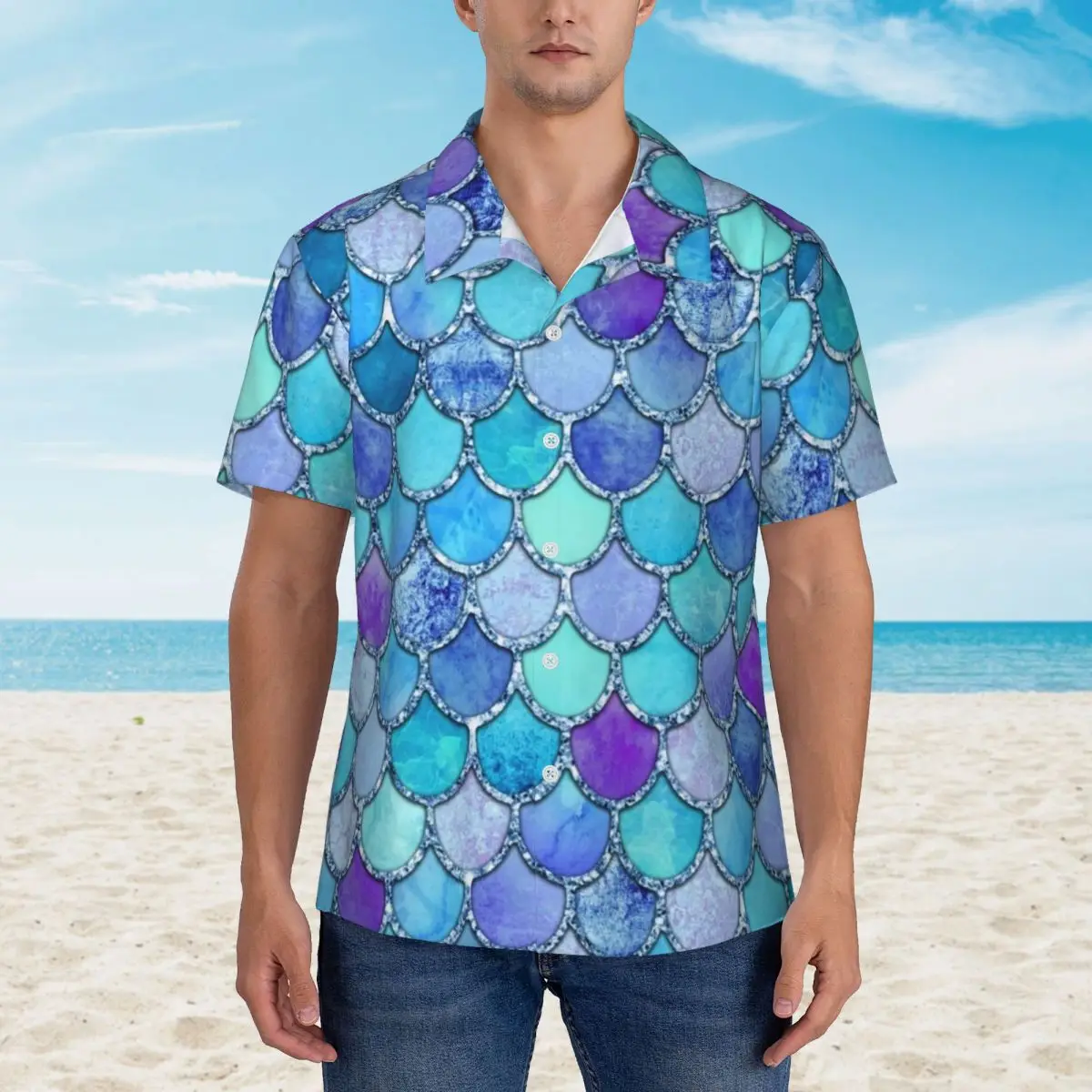 Colorful Mermaid Scales Vacation Shirt Magic Animal Hawaii Casual Shirts Man Elegant Blouses Short Sleeve Comfortable Clothes