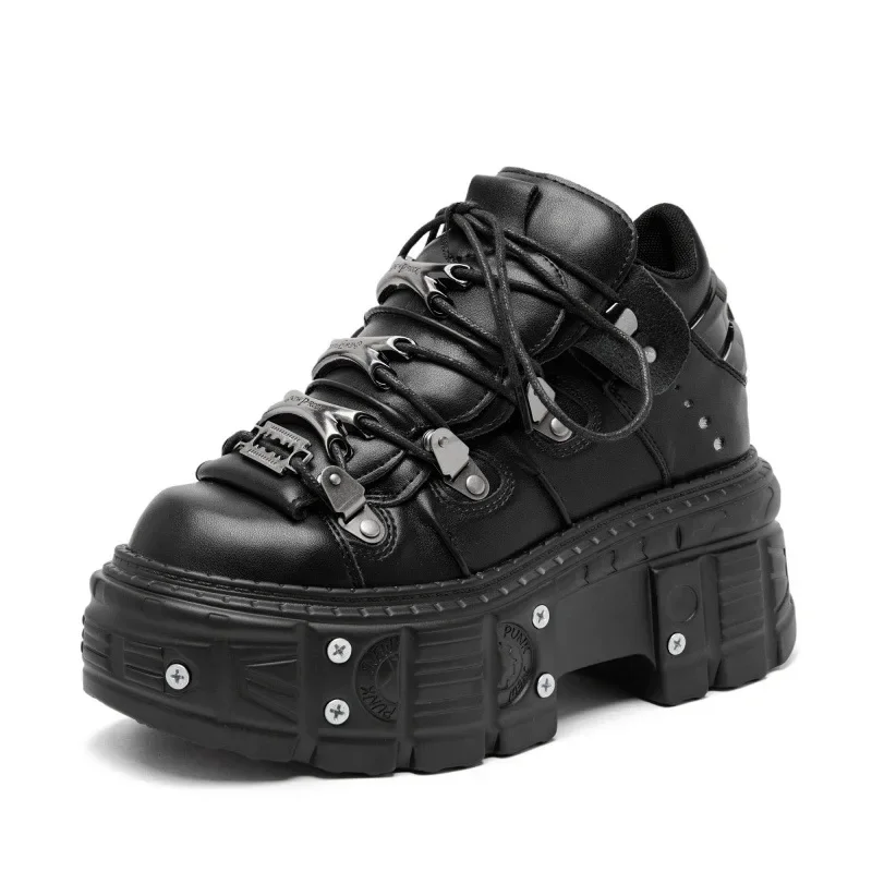 

Punk Style Women Black Shoes Rock Metal Decor Lace-up Heel Height Platform Shoes Gothic Man Sneakers Women Ankle Boots 2025 New