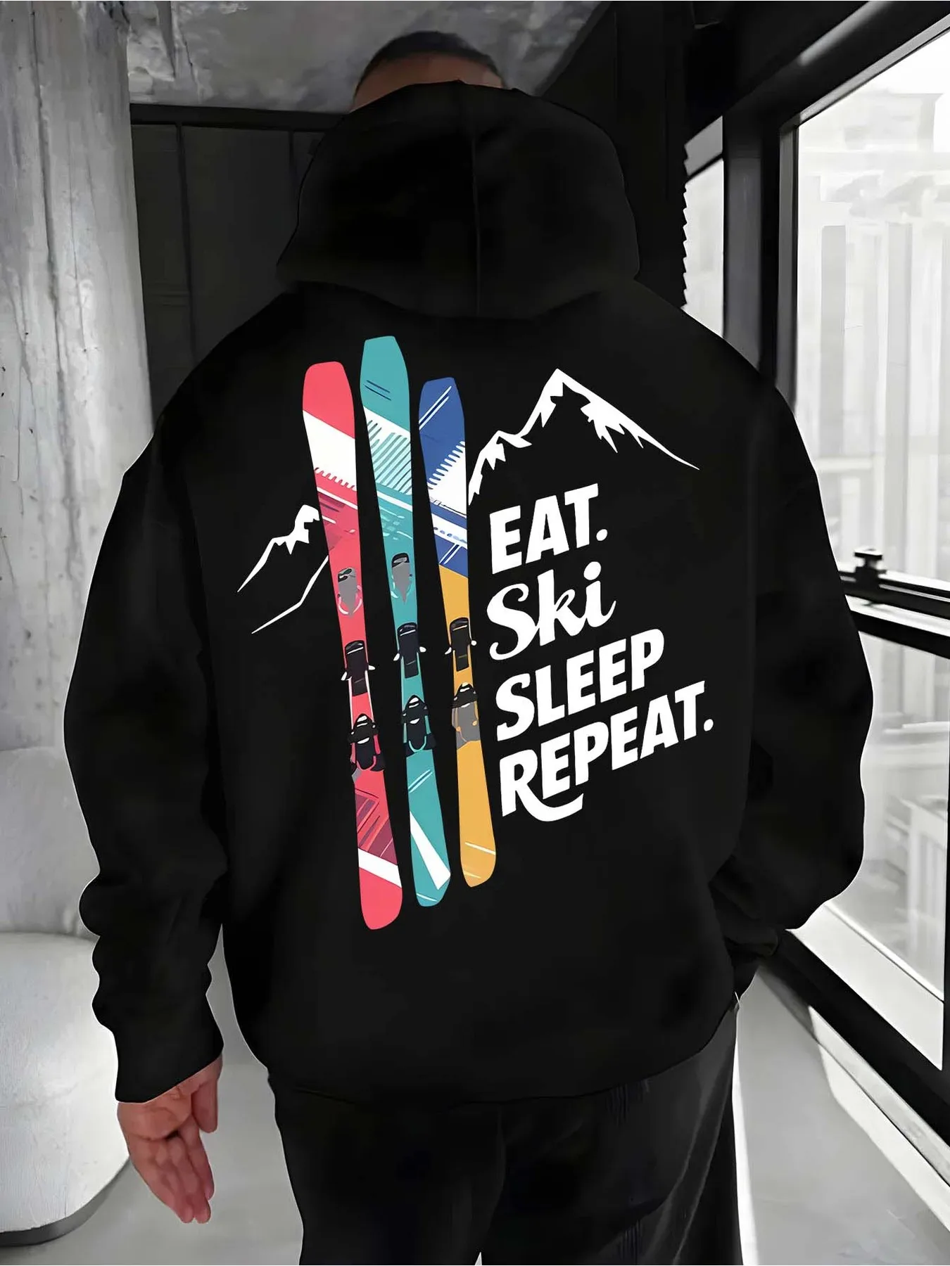 Ski Fashion Print Men Hooded Sweatshirt Autumn and Winter Daily Outdoor Sports Loose All Build Fitness Leisure Warm Street Style
