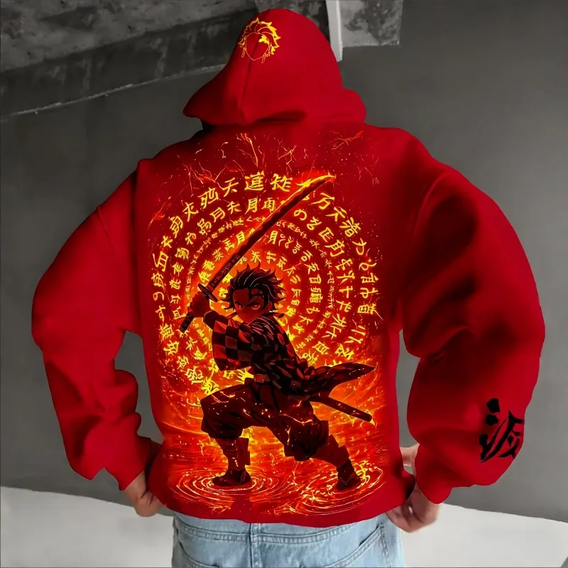 Męskie bluzy z kapturem na jesień i zimę, grafika z japońskiego anime Demon Slayer Tanjirou, odzież oversize, bawełniane topy, Harajuku Y2k, pulower