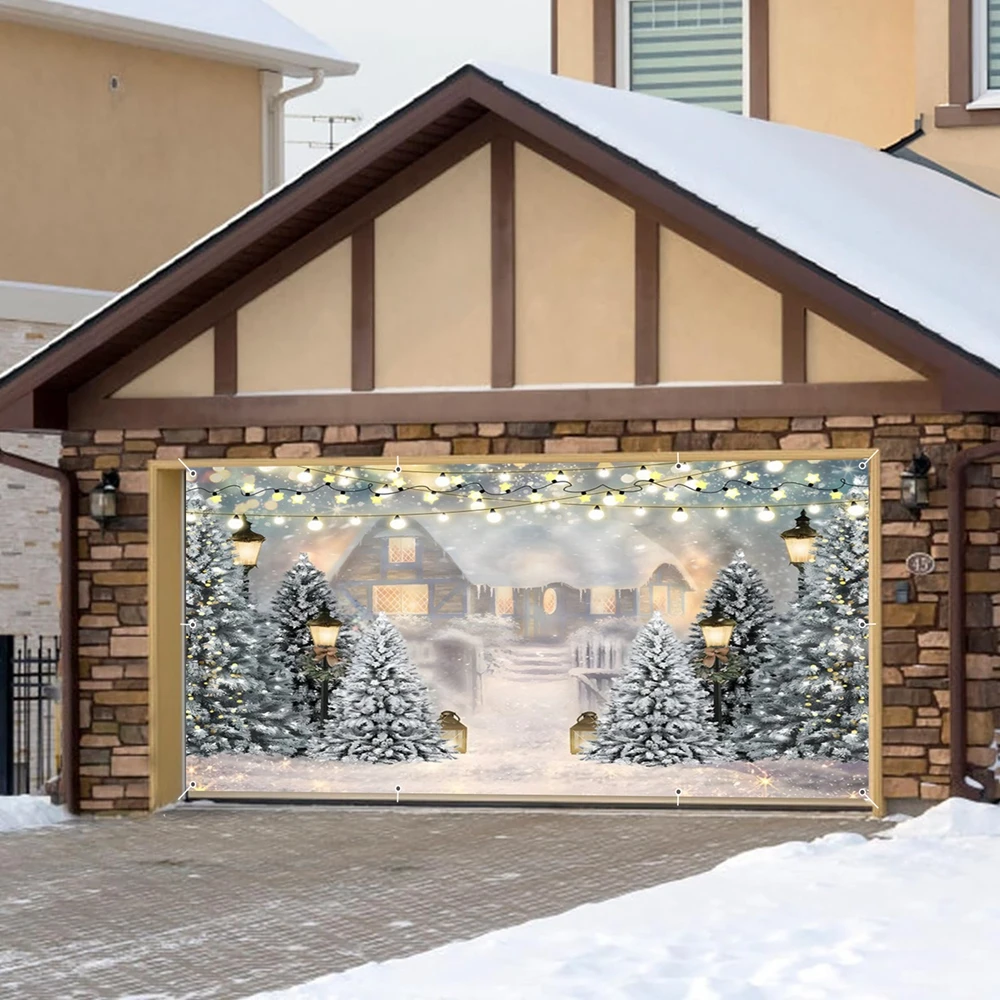 Winter Snow Scene Garage Door Background White Snow Trees Pathway for Christmas Holiday Family Party Backdrop Decoration Banner