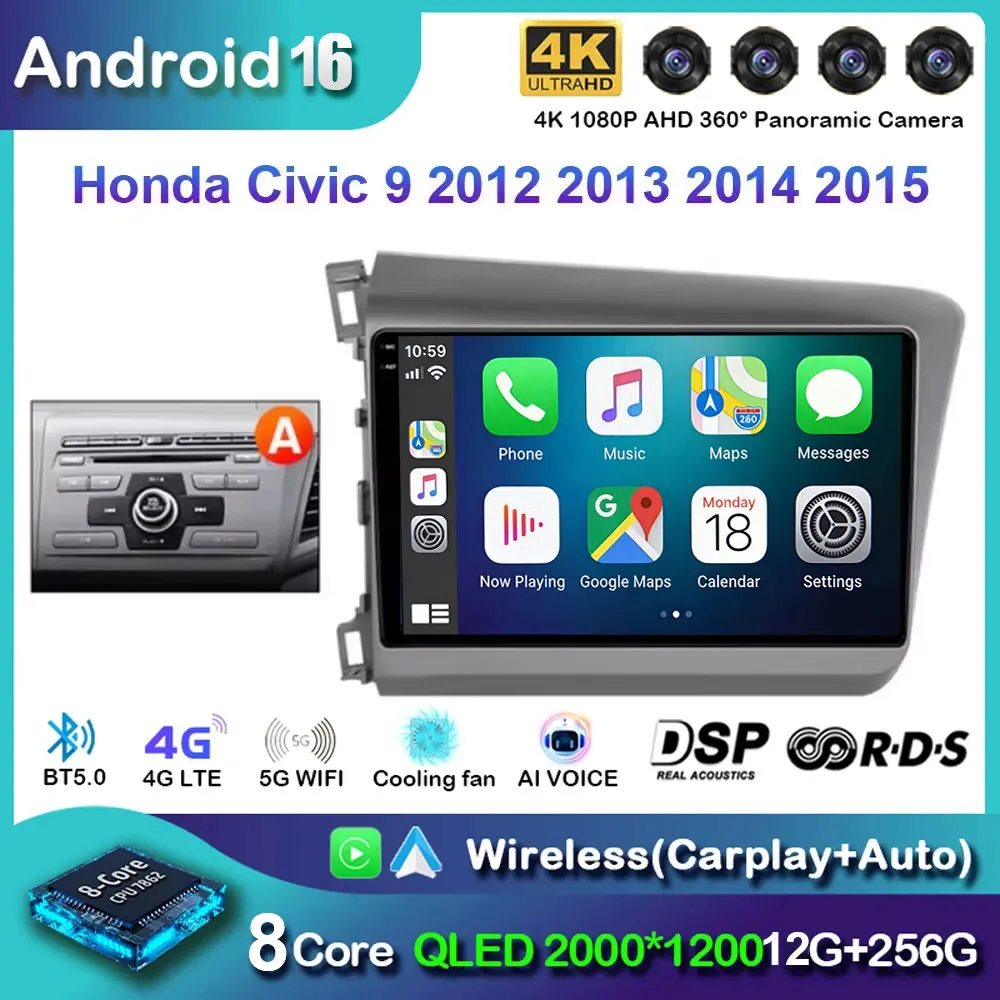 Radio Estéreo Multimedia para Auto con Android 16, Carplay Inalámbrico y Android Auto para Honda Civic 9 2012 2013 2014 2015, 2 DIN, GPS, DSP, WIFI