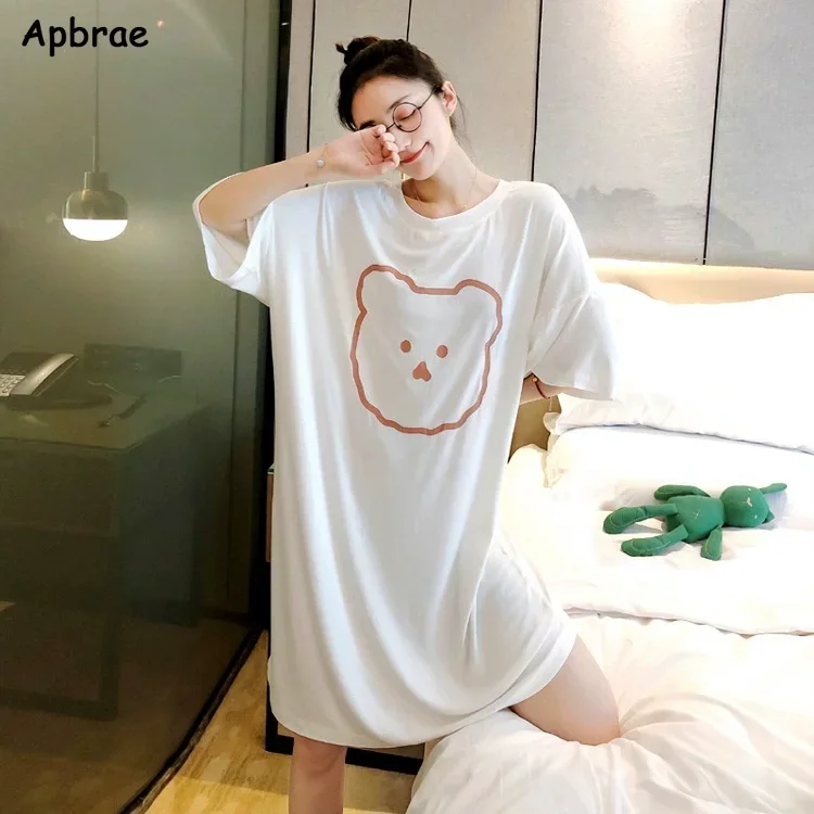 Cute Long Nightgown Summer Woman Milk Silk Kawaii Nightdress Stripe Animal Korean Pajamas Sleepwear Ins Round Collar Home Dress