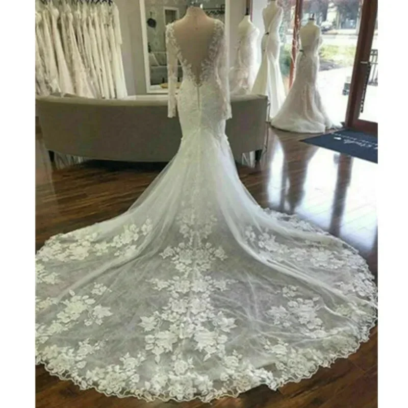 Robe de Mariée Sirène Vintage Personnalisée avec Col en V, Tenue de Plage à Manches sulf, pour Patients