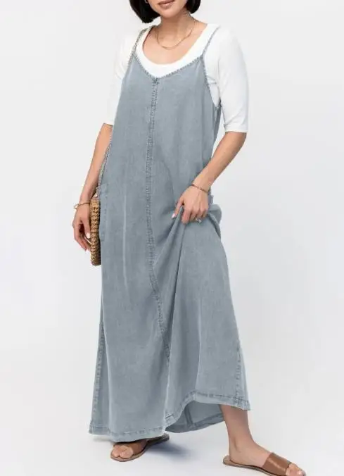 Simple and Loose Long Solid Color Washable Casual Denim Dress V-Neck Sleeveless Straight Tube Loose Suspender Denim Dress
