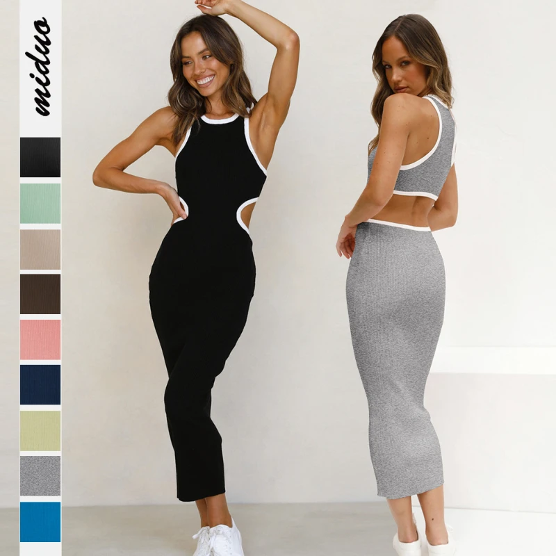 

Dress Women's Round Neck Pullover Hollow-out Tight Backless Sexy Sleeveless Sheath Color Matching Basic Style Spring and Summer