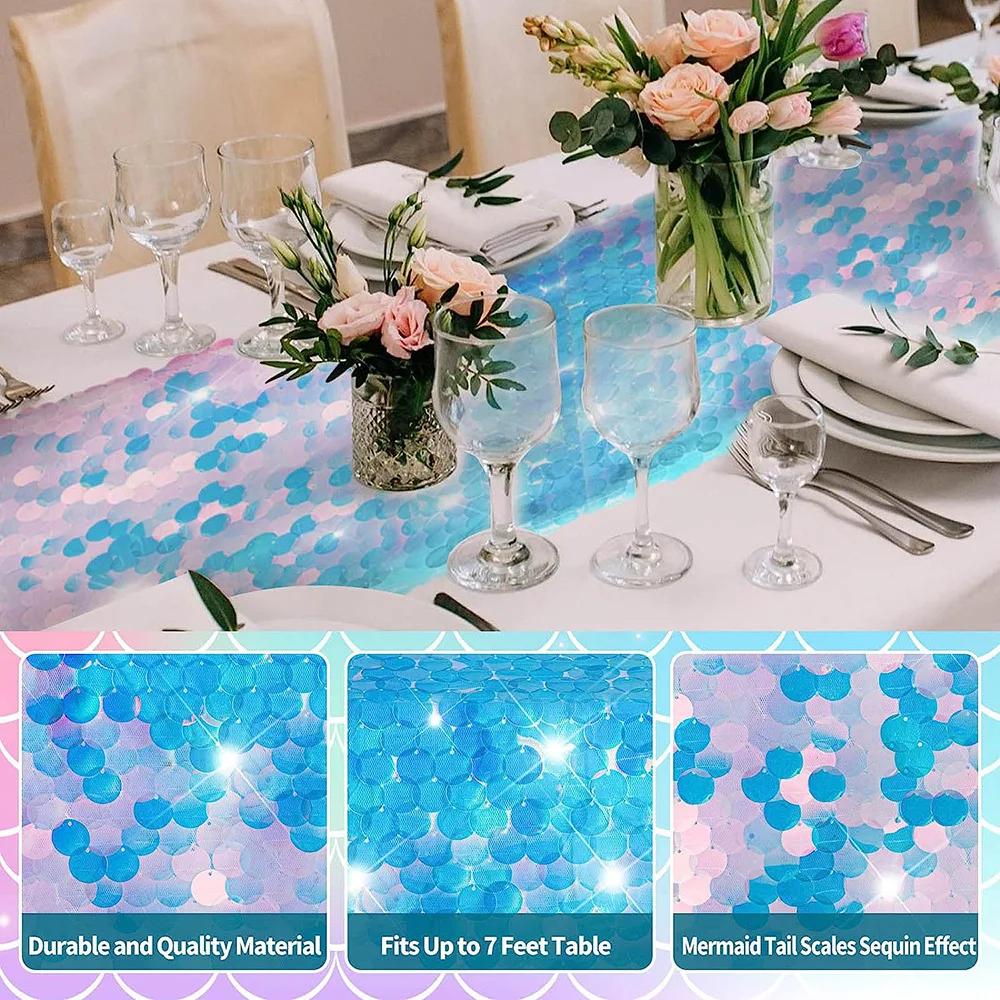 5pcs Ocean blue Sparkle Wedding Table Runner Handtailor Sequin Luxury For Party Birthday Christmas Saint Valentine's Day Decor