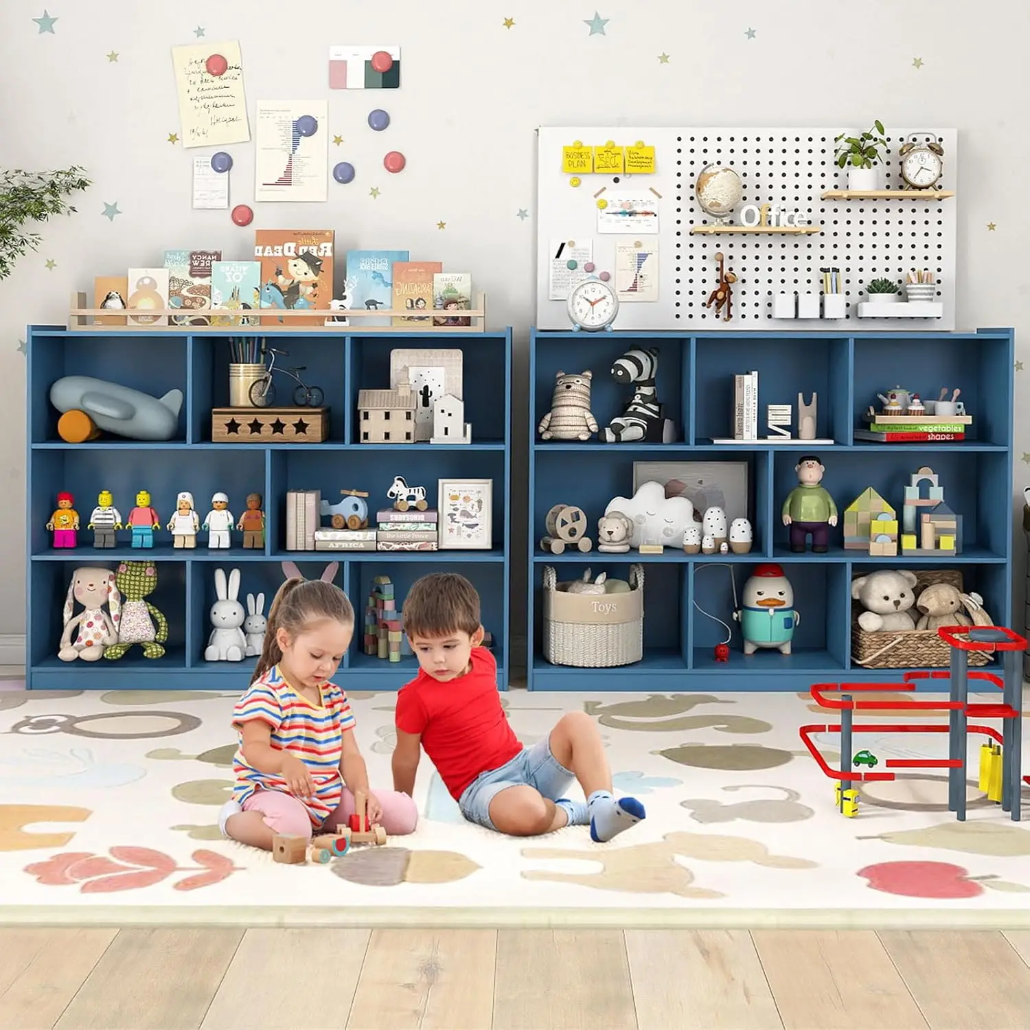 رف كتب خشبي للأطفال مكون من 3 طبقات، منظم تخزين ألعاب 5 مكعبات للحضانة والفصول الدراسية وغرفة المعيشة (أزرق)