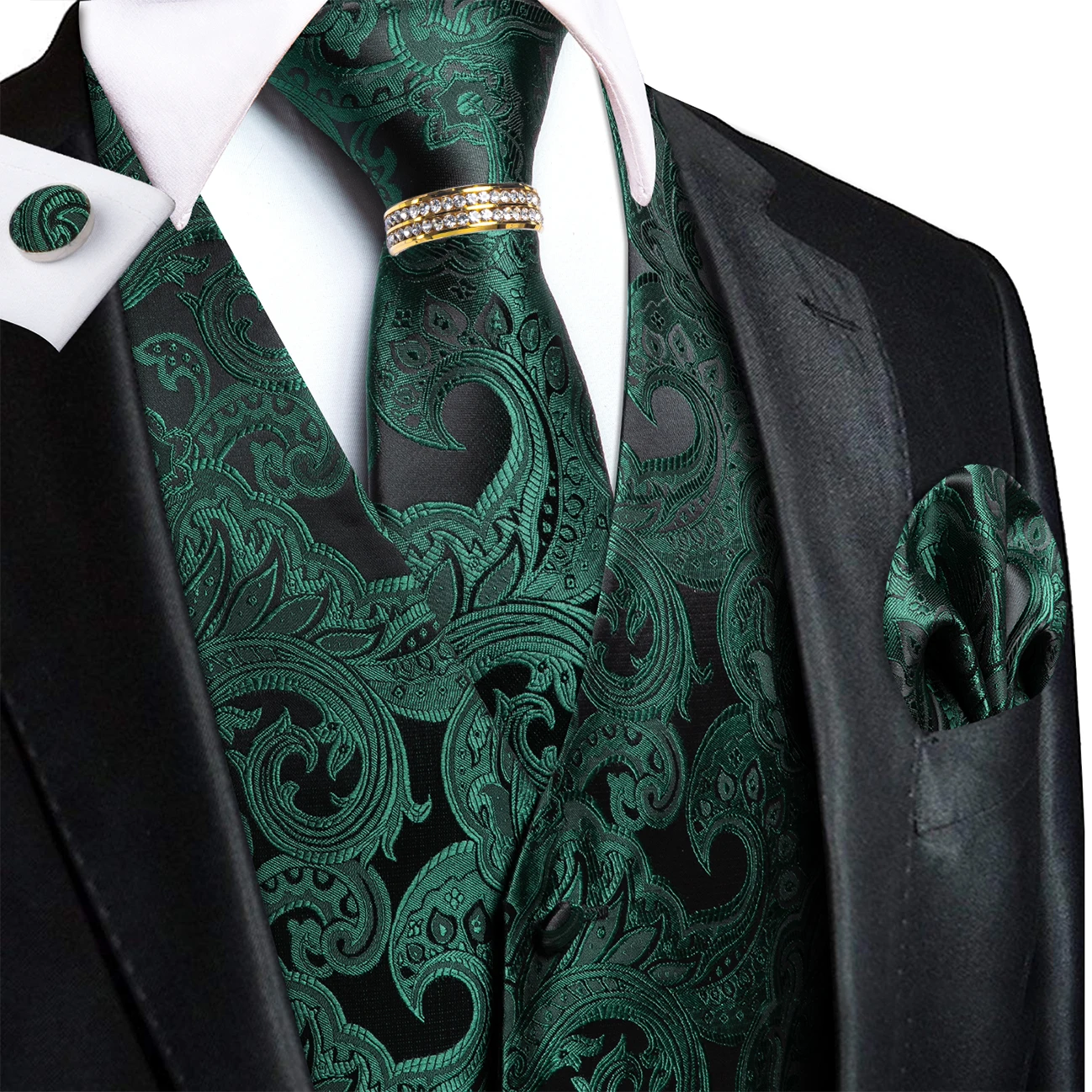 Black Emerald Paisley V-Neck Vest Matching Set Tie Pocket Square Cufflinks Ring For Vintage Theme Ball