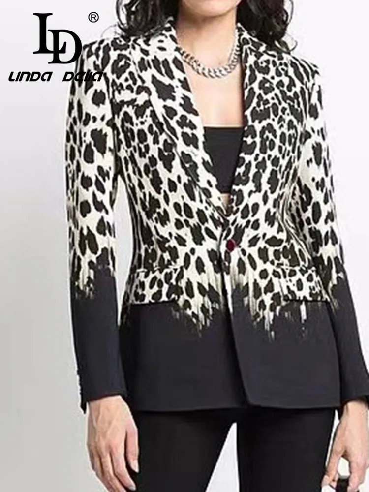 LD LINDA DELLA Autumn and winter New Style Elegant Coat Women\'s long sleeve Button Leopard Print Gradient MIDI style Suit Coat