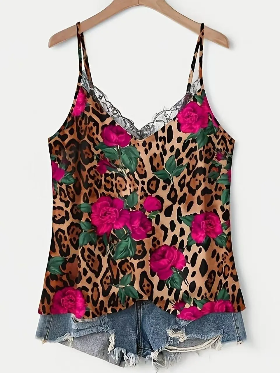 plus Size Women's V-Neck Lace Trim Blouse Slimming Floral Print Casual Wear Polyester Fabric Summer 2026 Trendy Top