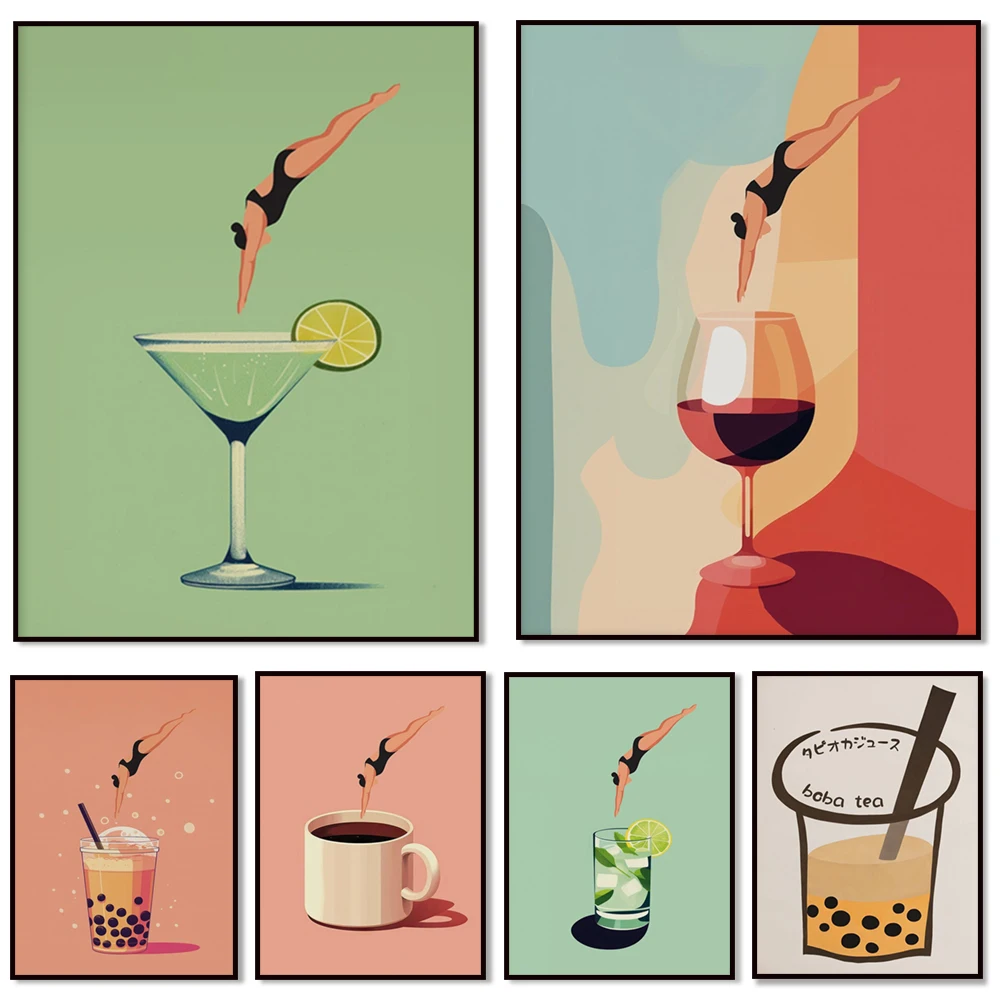 Wine wall art, gin and tonic, coffee wall art, bubble tea art, 70s aesthetic art, wine gifts, vintage cocktail kitchen posters