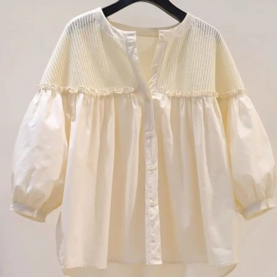 Été nouveau Sle femmes ample banlieue coton tricoté Patchwork sept-cinq Sve irt Version coréenne Unique Ele haut