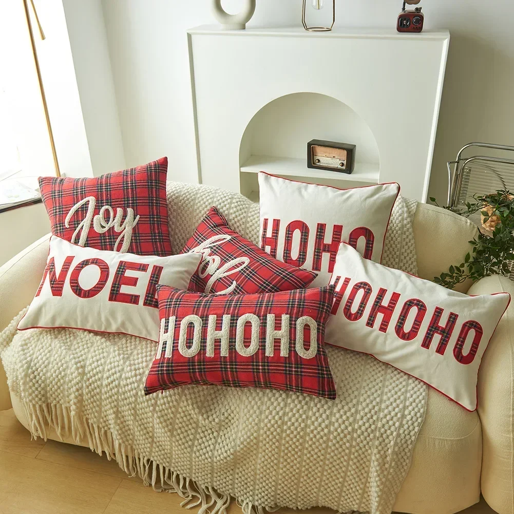 2-Pack Christmas Cushion Cover Plaid Print Letter Embroidery Pillow Case Christmas Decorative Throw Pillow Covers for Sofa