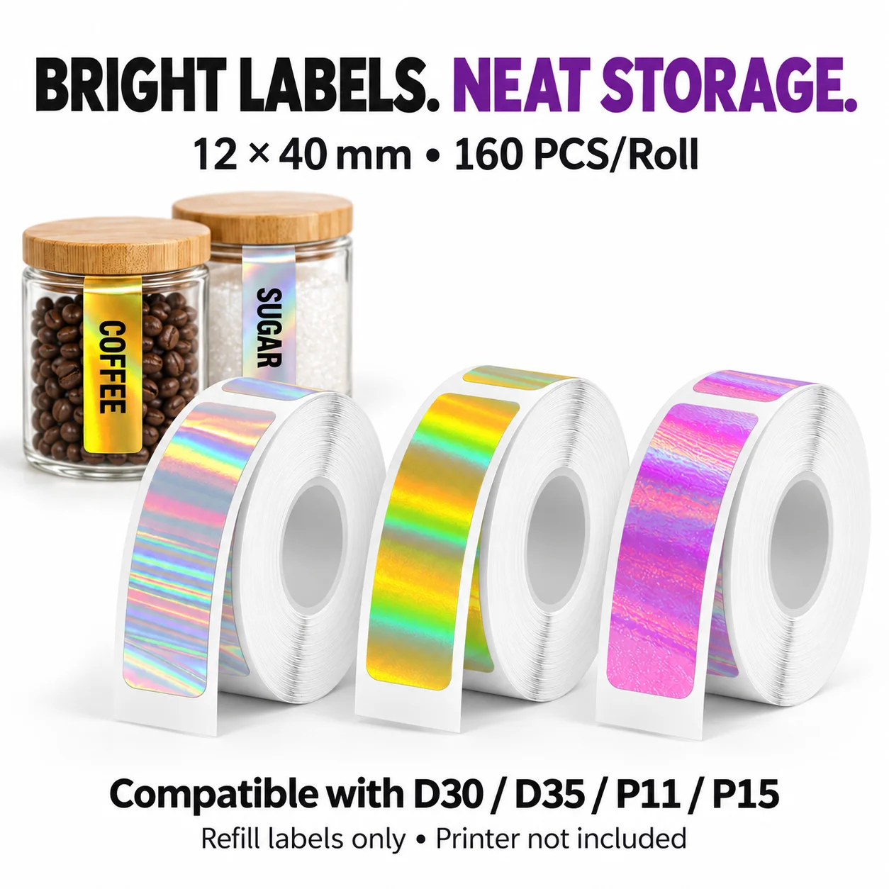 12x40mm Holographic Thermal Labels, Silver Gold Purple Self-Adhesive Refills for D30 D35 P11 P15, Halloween and Christmas Gifts