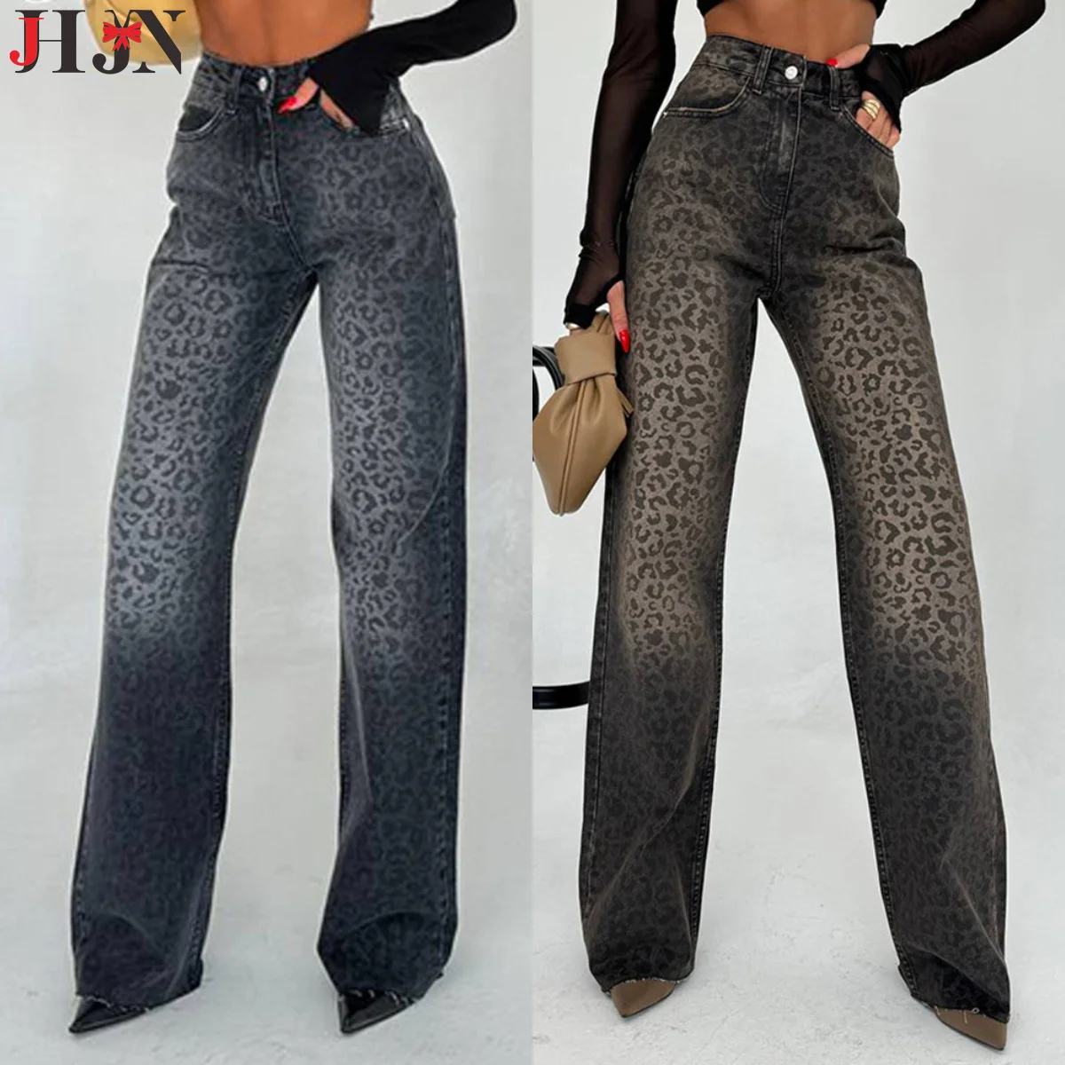 Leisure Street Fashion Leopard Print Embossing Straight Tube Lady Make Old Jeans Washed Denim Luxury Women's Clothing