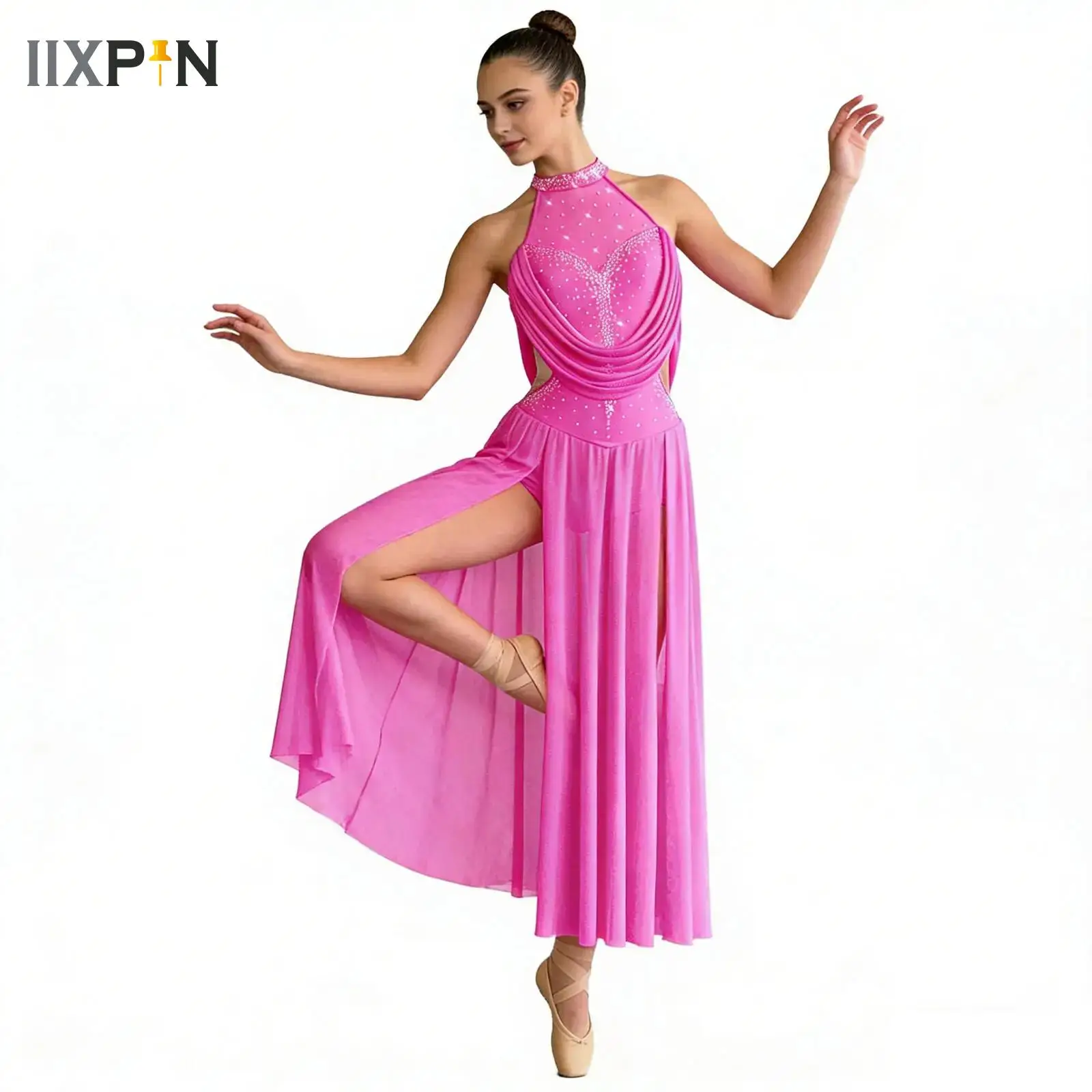 

Women Halter Sleeveless Rhinestones Mesh Modern Lyrical Dance Leotard Maxi Dress Acrobatics Gymnastics Performance Dancewear