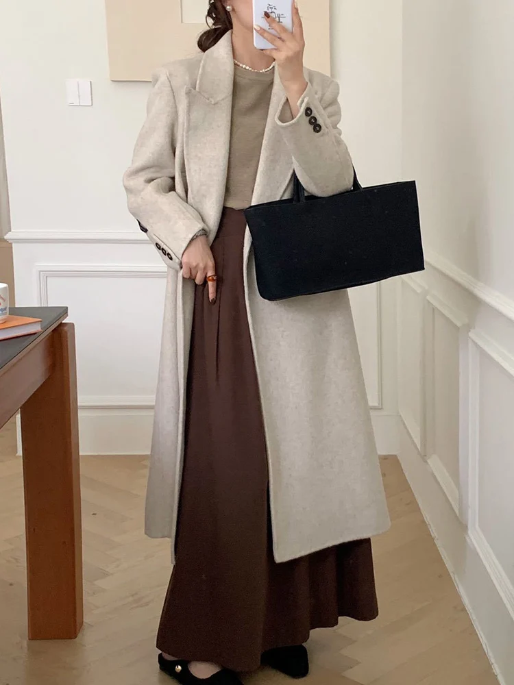 LANMREM Office Lady Two Sided Wool Long Coat Women Notched Collar Double Breasted Clothing Fashion 2024 Winter New 2VV129