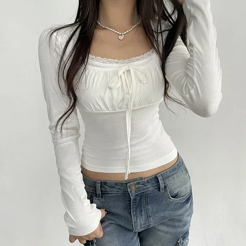 

Korean White Lace Patched Female T-shirt Slim Basic Sweet Folds Autumn Tee Cute Top Coquette Clothes Front Tie-Up Y2K