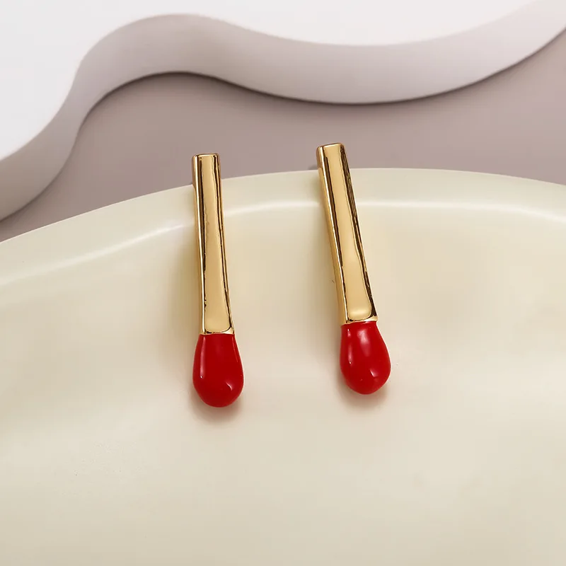 European and American retro red matchstick dripping earrings light luxury niche high-end enamel design earrings