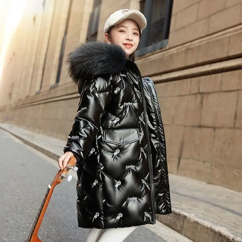 Children's down and cotton jacket, girls' medium to long length children's clothing, new western-style winter coat, shiny leathe