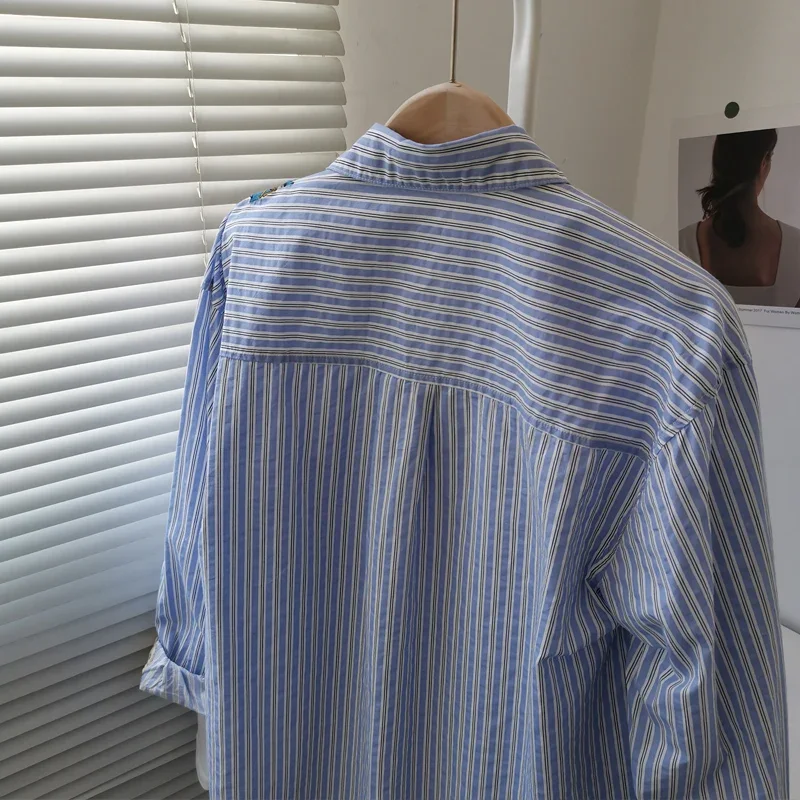 Embroidered Vertical Striped Shirts For Women Spring New Loose All-Match Slightly Bandage Blusas Casual Blouse Mujer