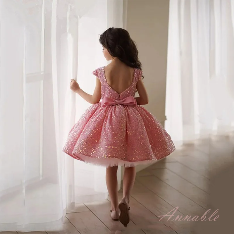 Annabelle-Vestido de baile de lantejoulas inchado, vestido princesa sem costas com laço, vestido de aniversário infantil, festa de casamento