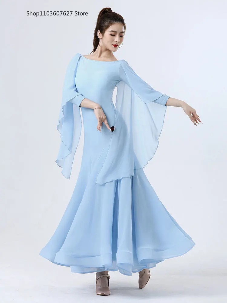 New waltz high-end dance skirt light blue large hem skirt 2024 new female high-end ballroom dance dress