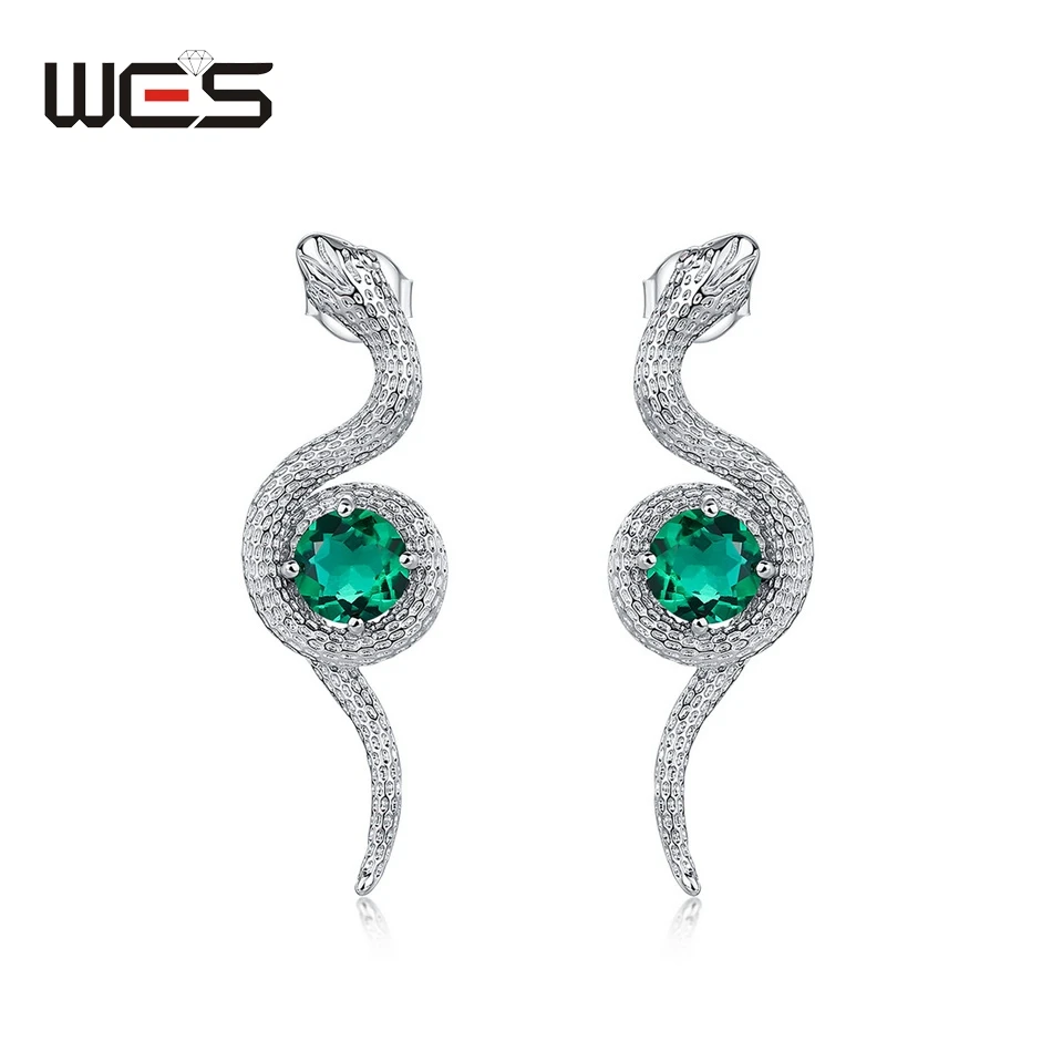 WES 925 Silver Snake Lab Emerald Stud Earrings for Woman Wife Green Gem Punk Jewelry May Birthstone Engagement Birthday Gift