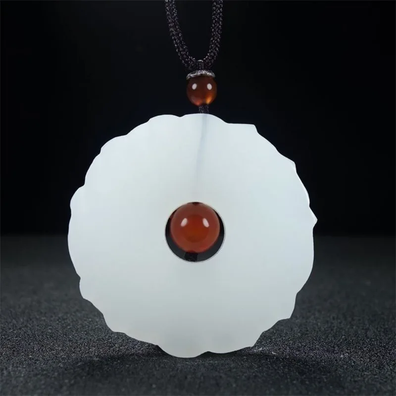 Natural White Jade Lotus Pendant Round Snow Lotus Necklace Hand-carved Men's and Women's Fashion Charm Jewelry