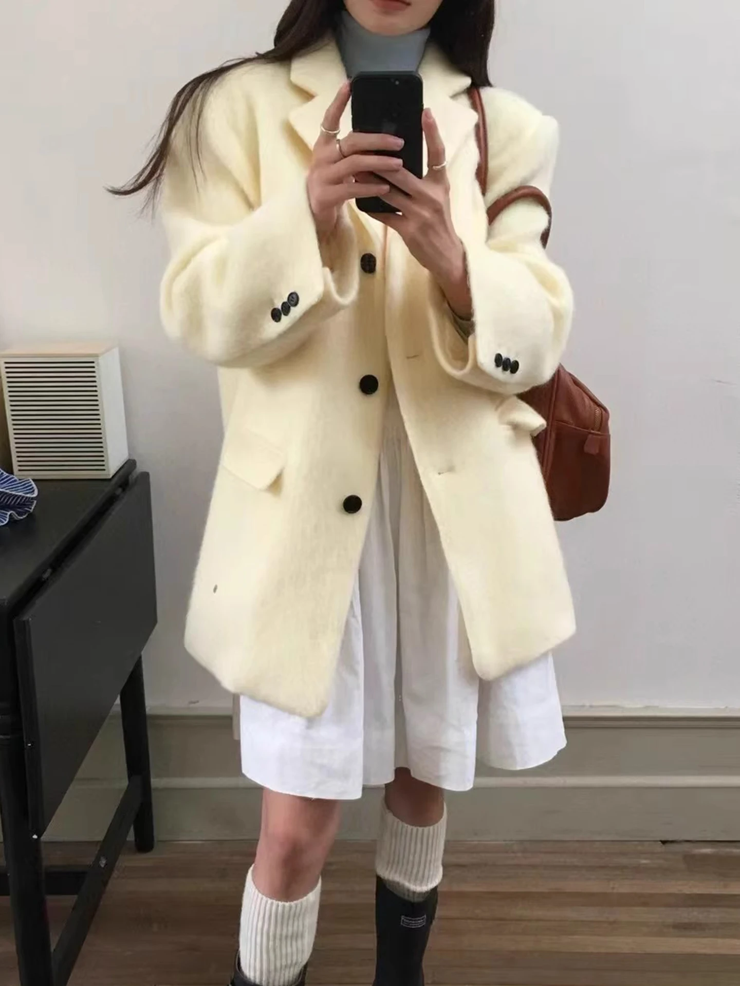 

Ele Soft Woolen Coat Women's Loose Fit Suit Collar Pure Color Versatile Winter New Arrival Comfortable Long Sve Top