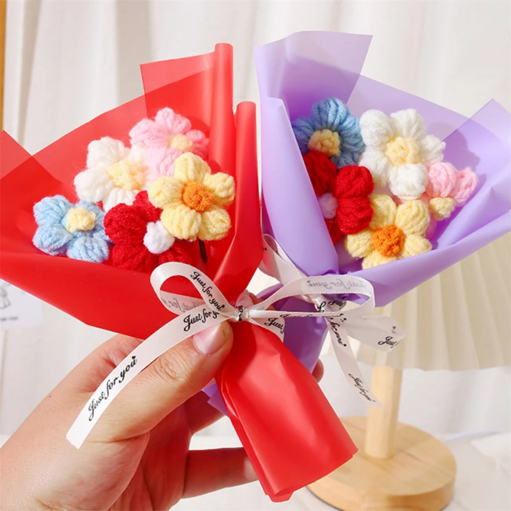 3/5Head Creative Puff Flowers Colorful Hand Woven Artificial Knitting Bouquets For Mother Lovers Home Decor Valentine's Day Gift